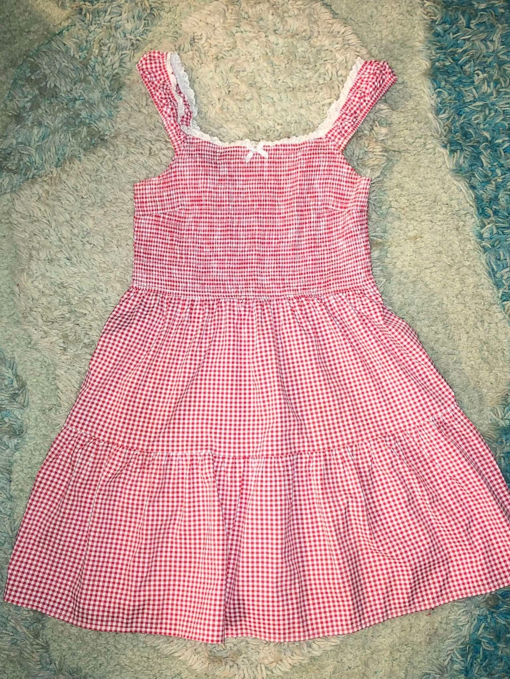 Red/White Gingham Sleeveless Square Neck Knee Dress L
